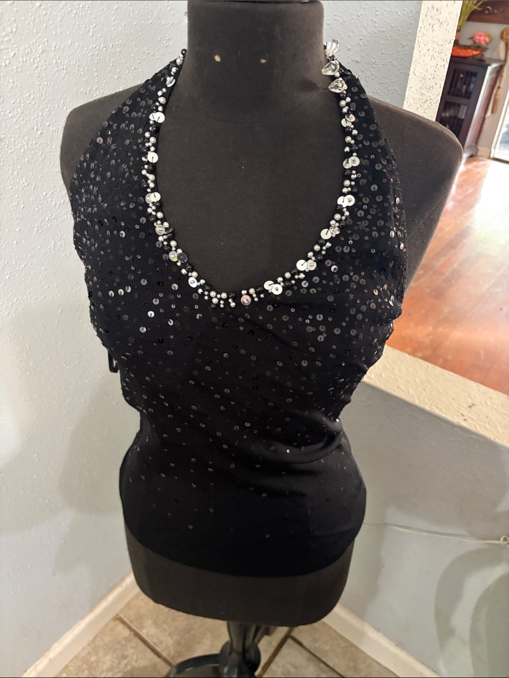 Black Sequin Halter Top with Beaded Neckline